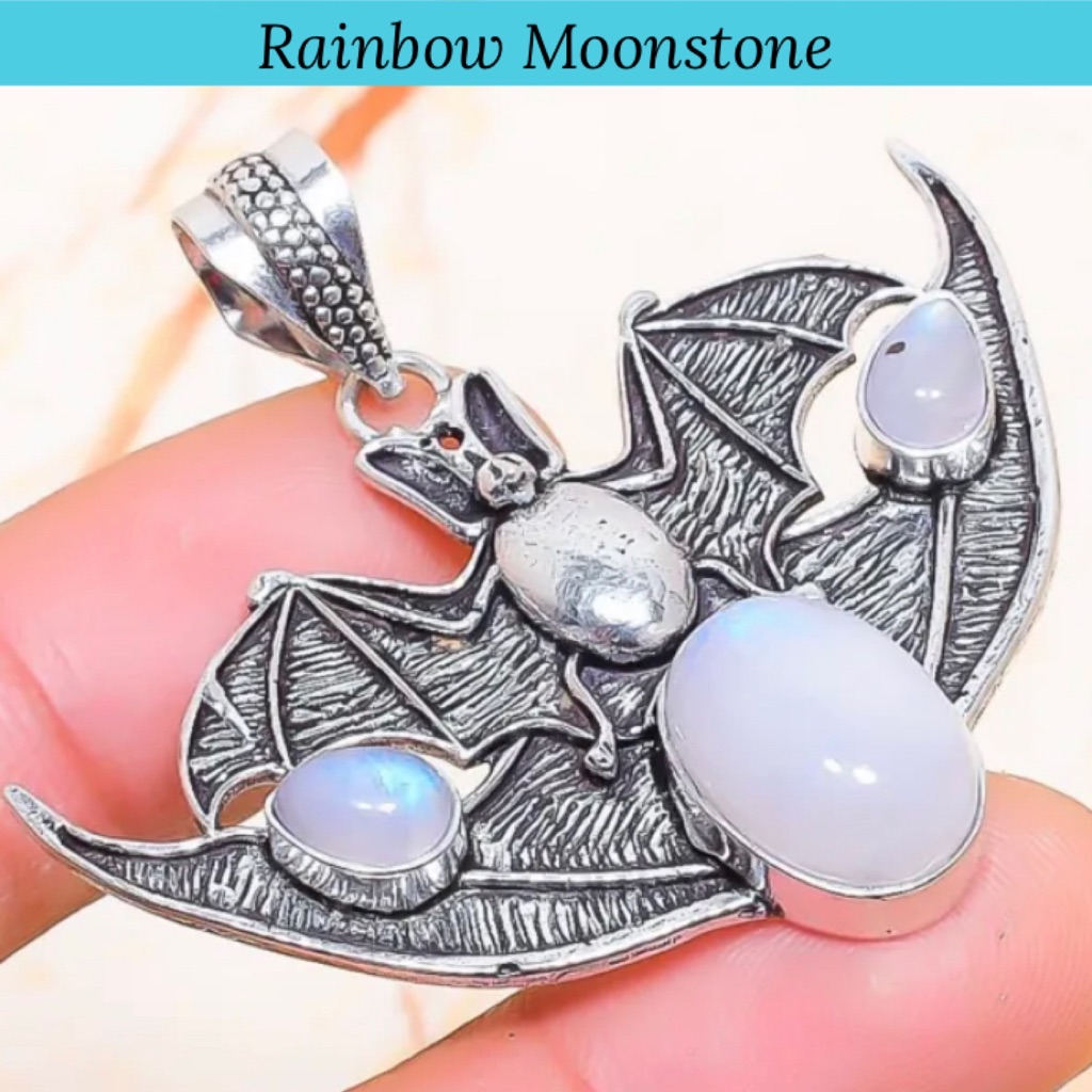 Rainbow Moonstone Gemstone Handmade Flying Bat Wings Pendant 45$